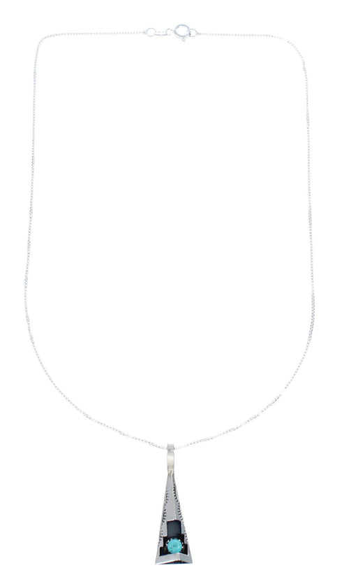 Navajo Sterling Silver Turquoise 16" Box Chain Pendant Necklace Set AX127462